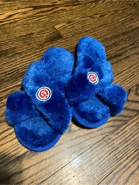 Cozy Blue Fuzzy Slide Slippers with Team Patch